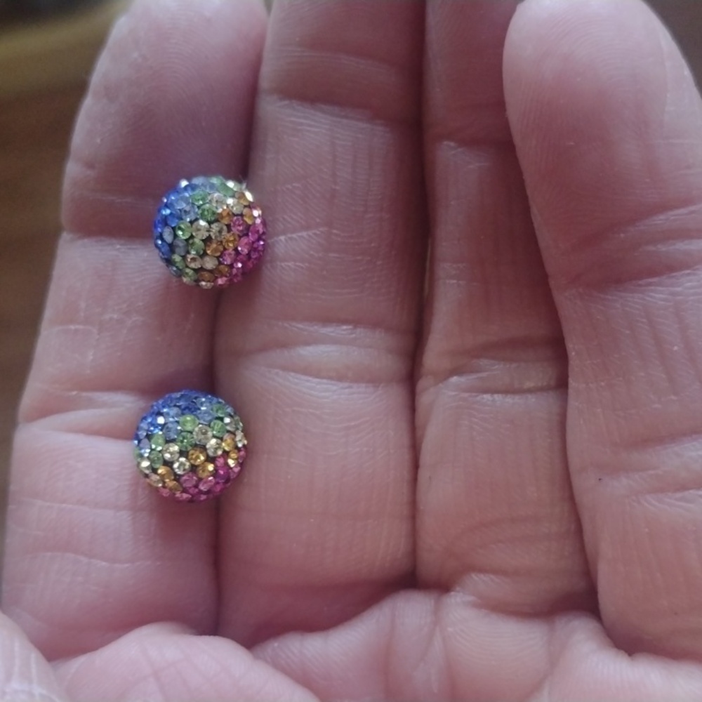 VINTAGE STERLING SILVER .925 MULTICOLOR PAVE CRYSTAL 8MM BALL STUD EARRINGS - Picture 6 of 9
